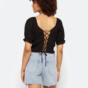NWT Mason & Belle Black Eyelet Puff Sleeve Top – Lace Up Back Boho Blouse  Small